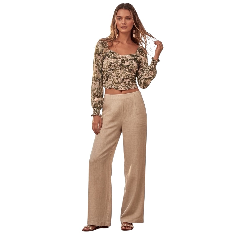 NWT Open Edit Ruched Crop Top in Olive-Pink Watercolor Rose Size S